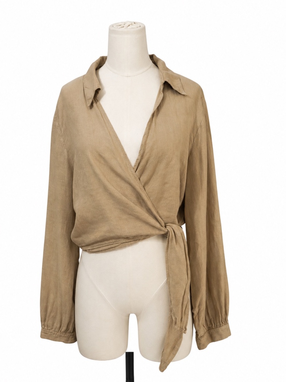 Zara Linen Blend Wrap Tie Front Blouse Beige Tan Size Large